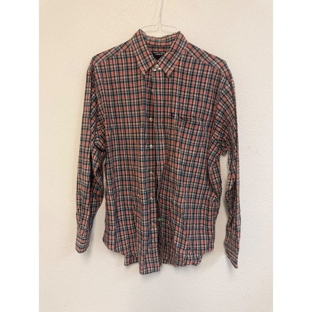 Ralph Lauren Jeans Co Mens Large Plaid Button Down Shirt Red Blue Cotton L